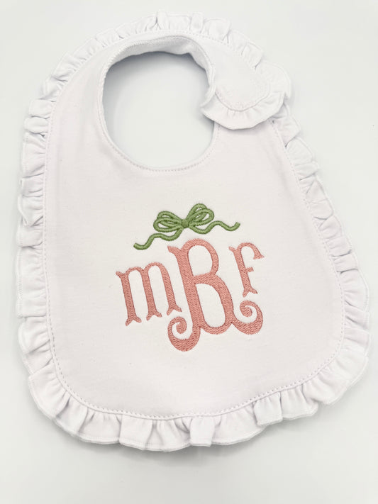 Personalized Baby Girl Ruffle Bib | Monogram & Bow Embroidered Bib