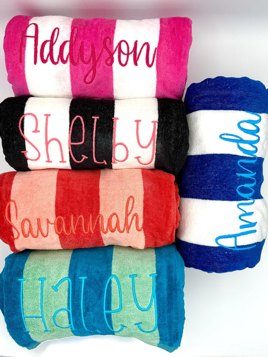 Personalized Embroidered Beach Towel, Custom Striped Cabana Towel, Monogram Pool Towel, Vacation Gift