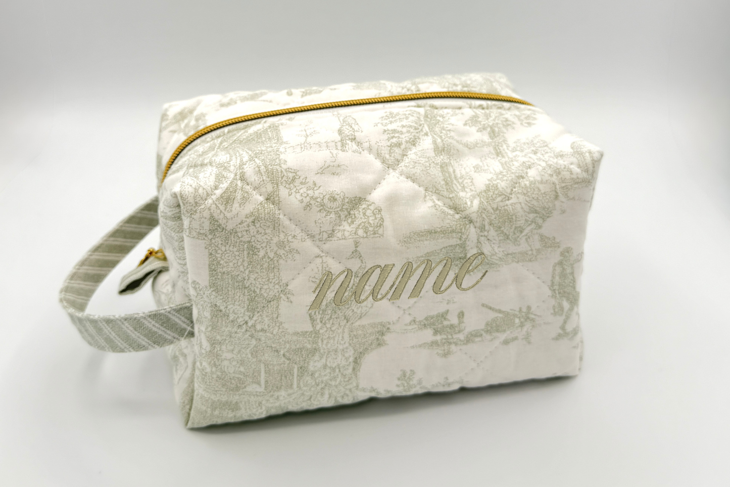 Personalized Green Toile Quilted Boxy Bag | Embroidered Cosmetic Bag