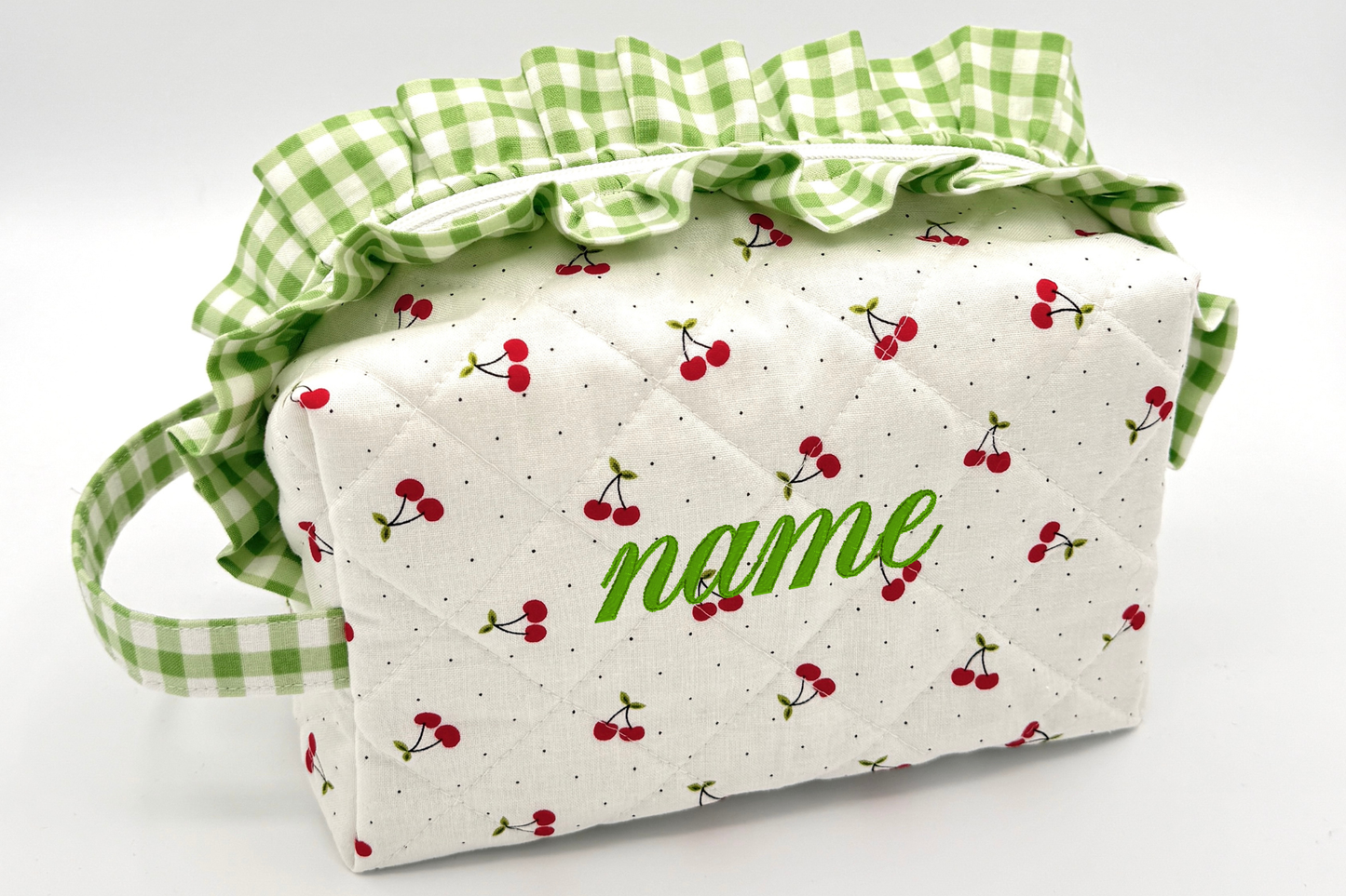 Personalized Cherry Ruffle Boxy Bag | Embroidered Makeup Bag | Custom Cosmetic Case | Travel Toiletry Bag | Gift for Her