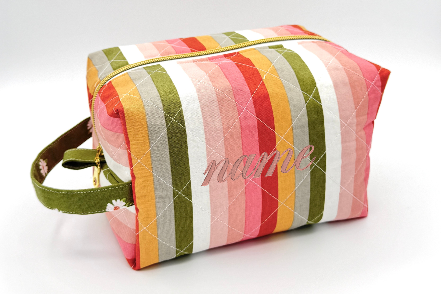 Personalized Rainbow Stripe Quilted Boxy Bag | Embroidered Cosmetic Bag