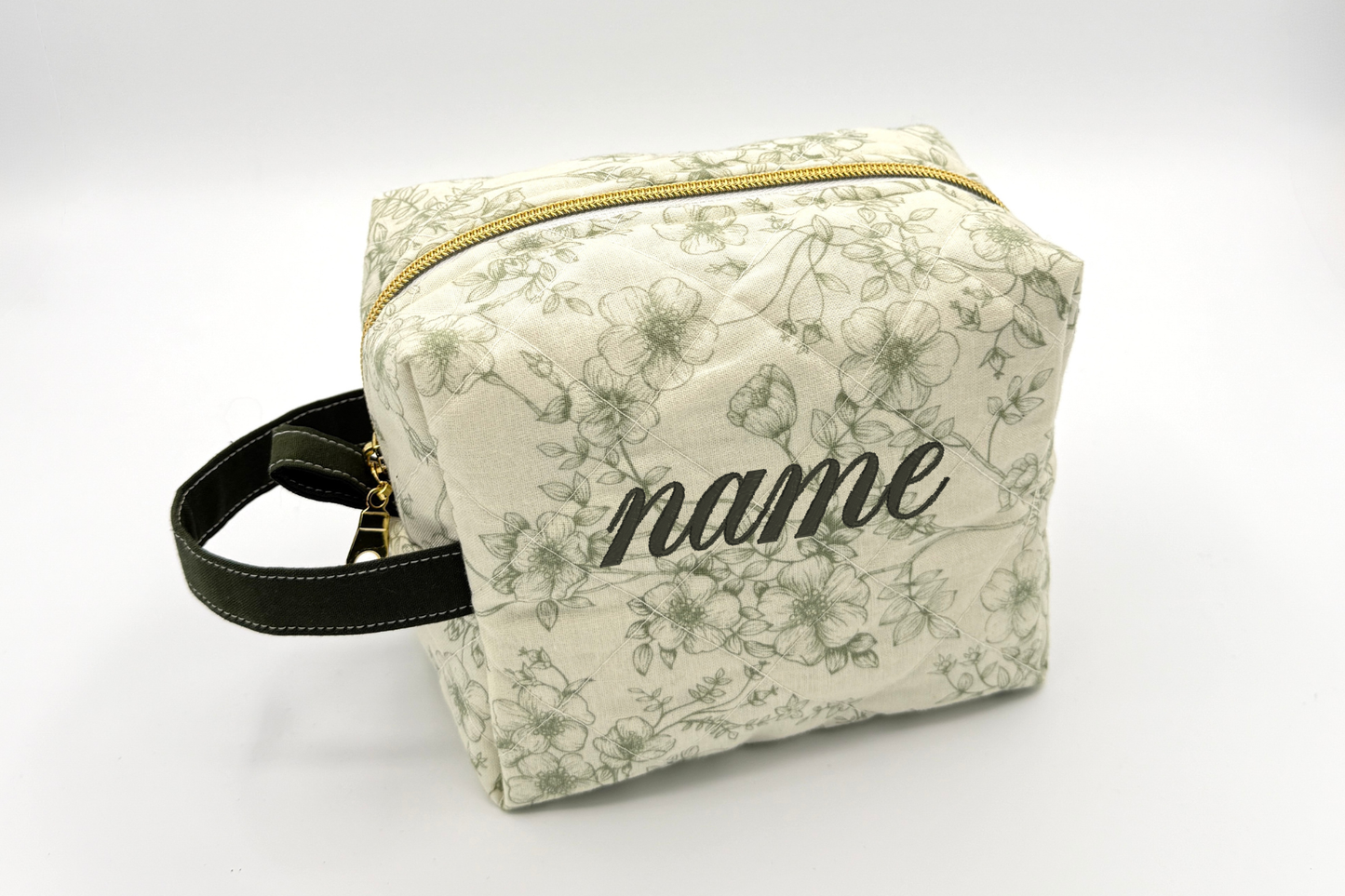Personalized Green Floral Quilted Boxy Bag | Embroidered Cosmetic Bag | Travel Toiletry Bag