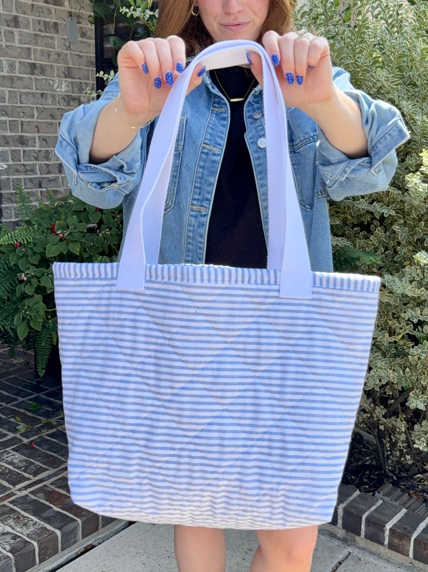 Quilted Everyday Tote Bag - Blue Stripe
