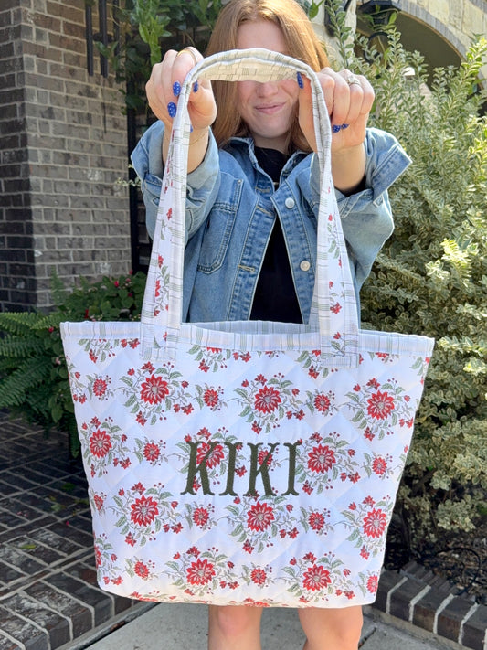 Quilted Everyday Tote Bag and Matching Boxy Bag - Red and Green Floral