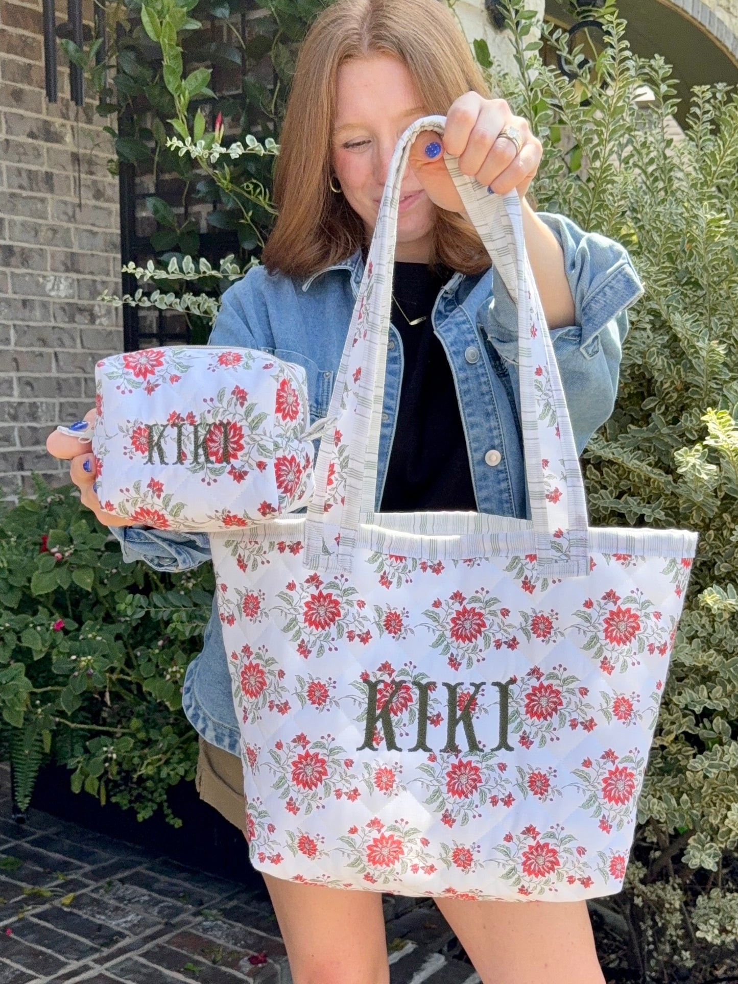 Quilted Everyday Tote Bag and Matching Boxy Bag - Red and Green Floral