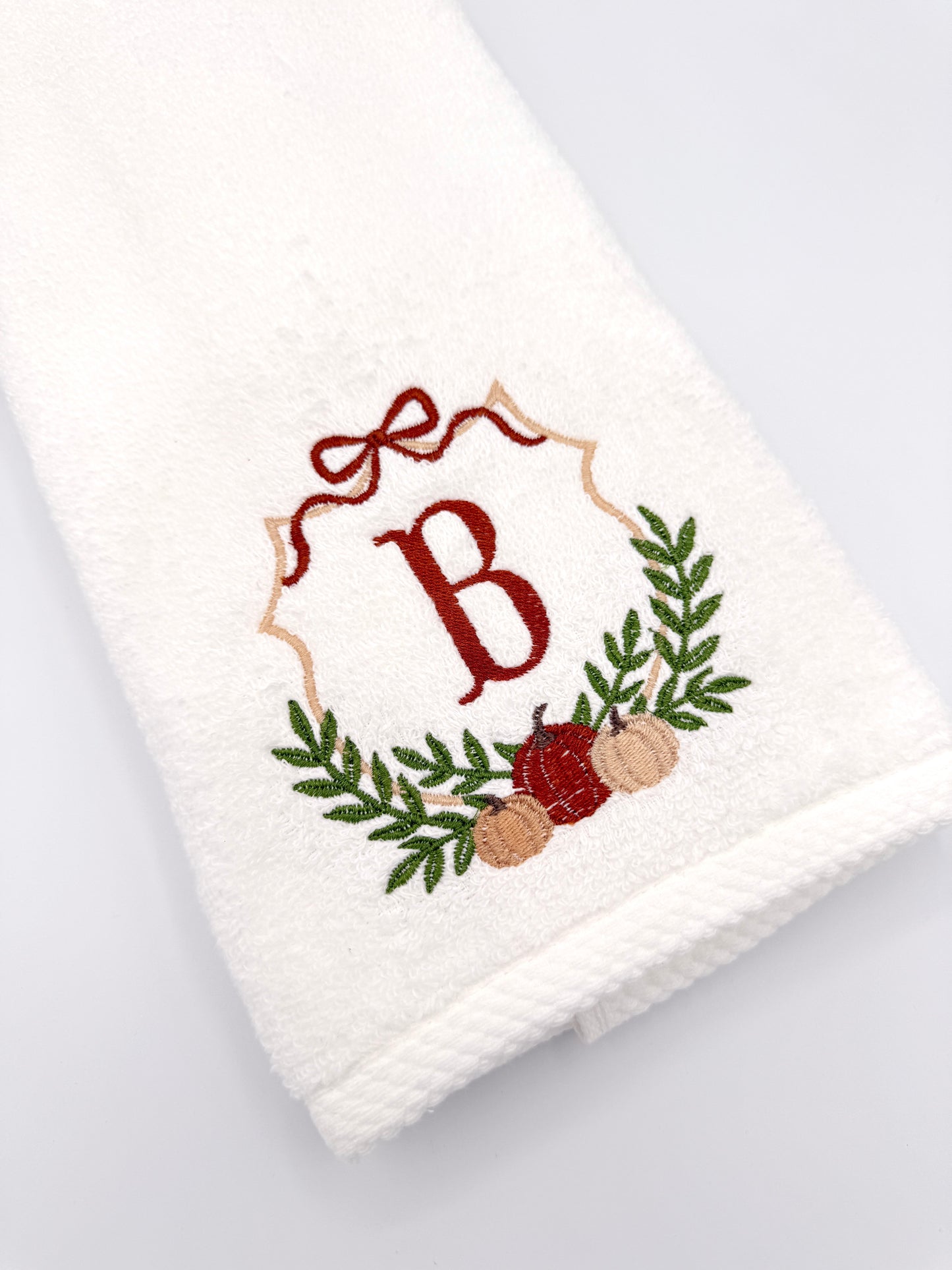 Pumpkin Crest Embroidered Hand Towel | Personalized Initial Bathroom Towel | Fall Decor