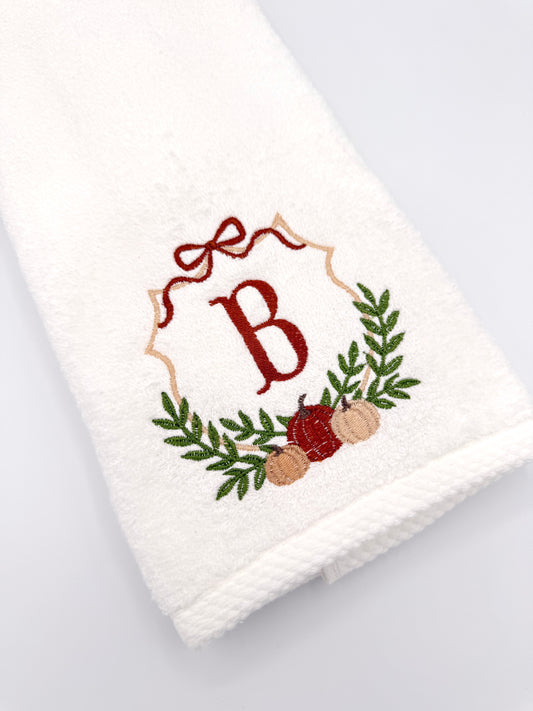 Pumpkin Crest Embroidered Hand Towel | Personalized Initial Bathroom Towel | Fall Decor
