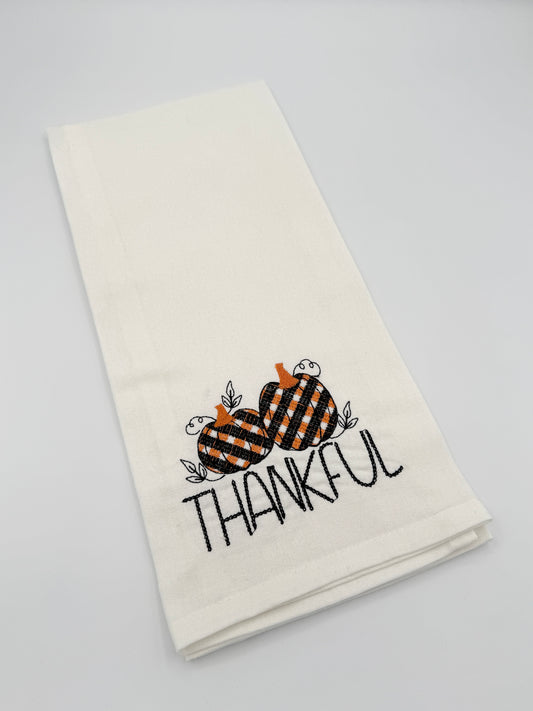 Thankful Fall Tea Towel | Embroidered Pumpkin Kitchen Towel | Thanksgiving Decor
