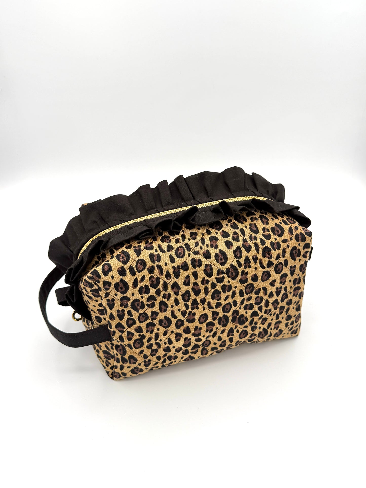 Personalized Leopard Print Ruffle Boxy Bag | Embroidered Makeup Bag | Custom Cosmetic Case | Travel Toiletry Bag | Gift for Her