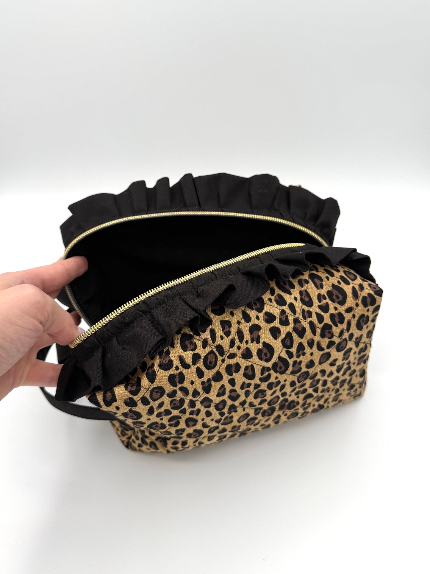 Personalized Leopard Print Ruffle Boxy Bag | Embroidered Makeup Bag | Custom Cosmetic Case | Travel Toiletry Bag | Gift for Her