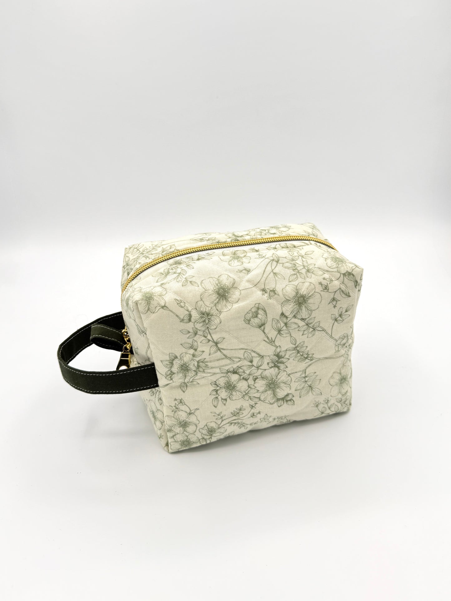 Personalized Green Floral Quilted Boxy Bag | Embroidered Cosmetic Bag | Travel Toiletry Bag