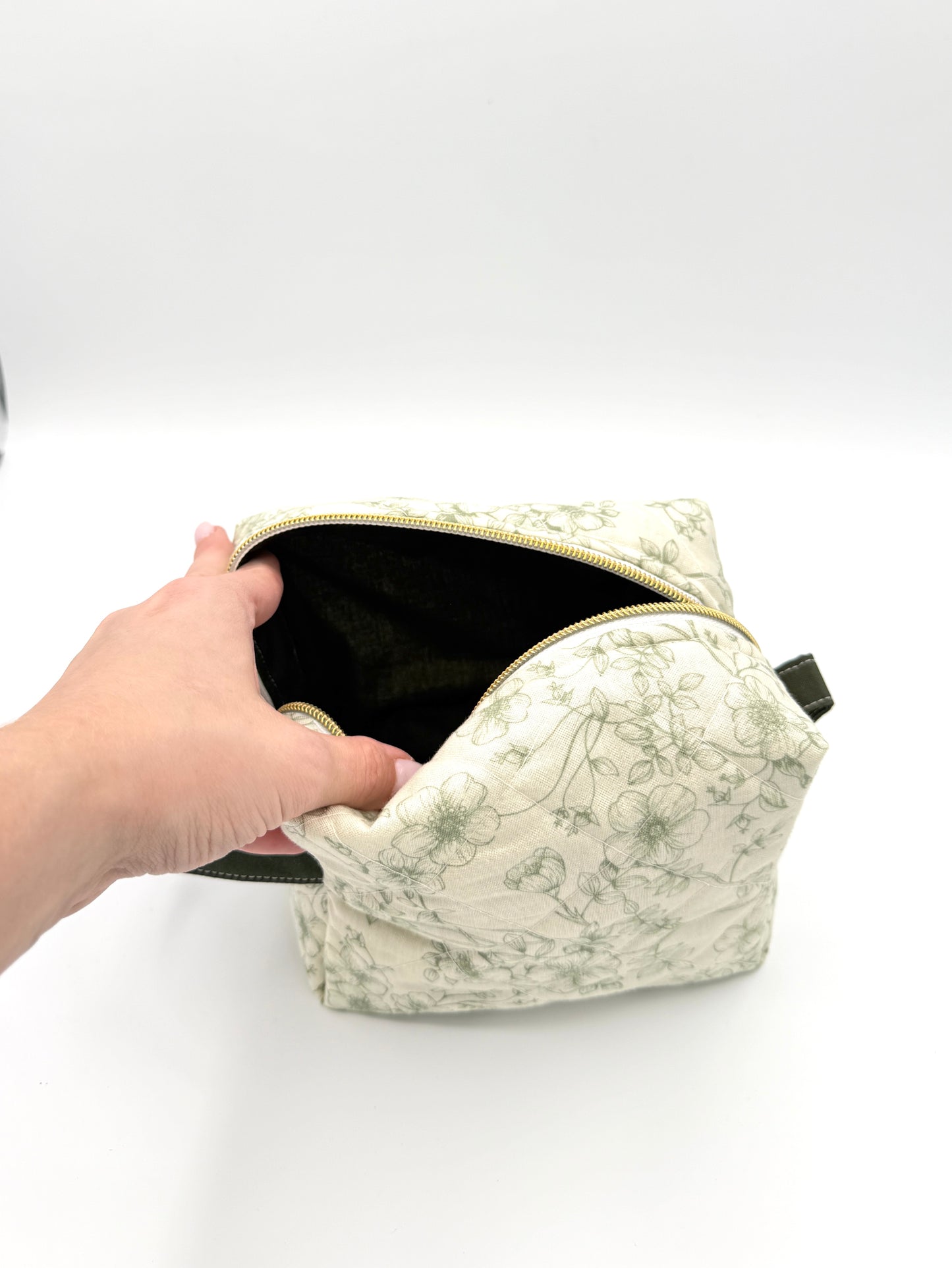 Personalized Green Floral Quilted Boxy Bag | Embroidered Cosmetic Bag | Travel Toiletry Bag