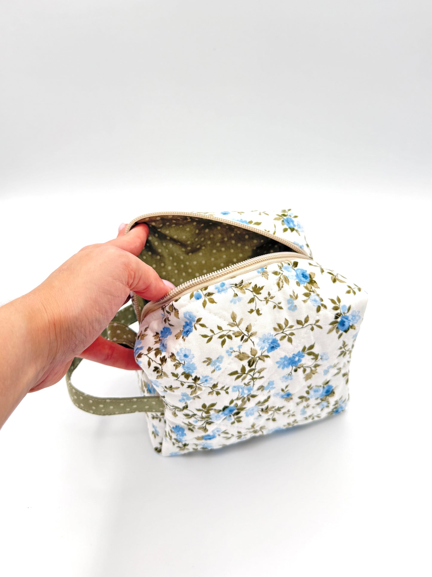 Personalized Dusty Blue & Green Floral Ruffle Boxy Bag | Embroidered Makeup Bag | Custom Cosmetic Case | Travel Toiletry Bag | Gift for Her