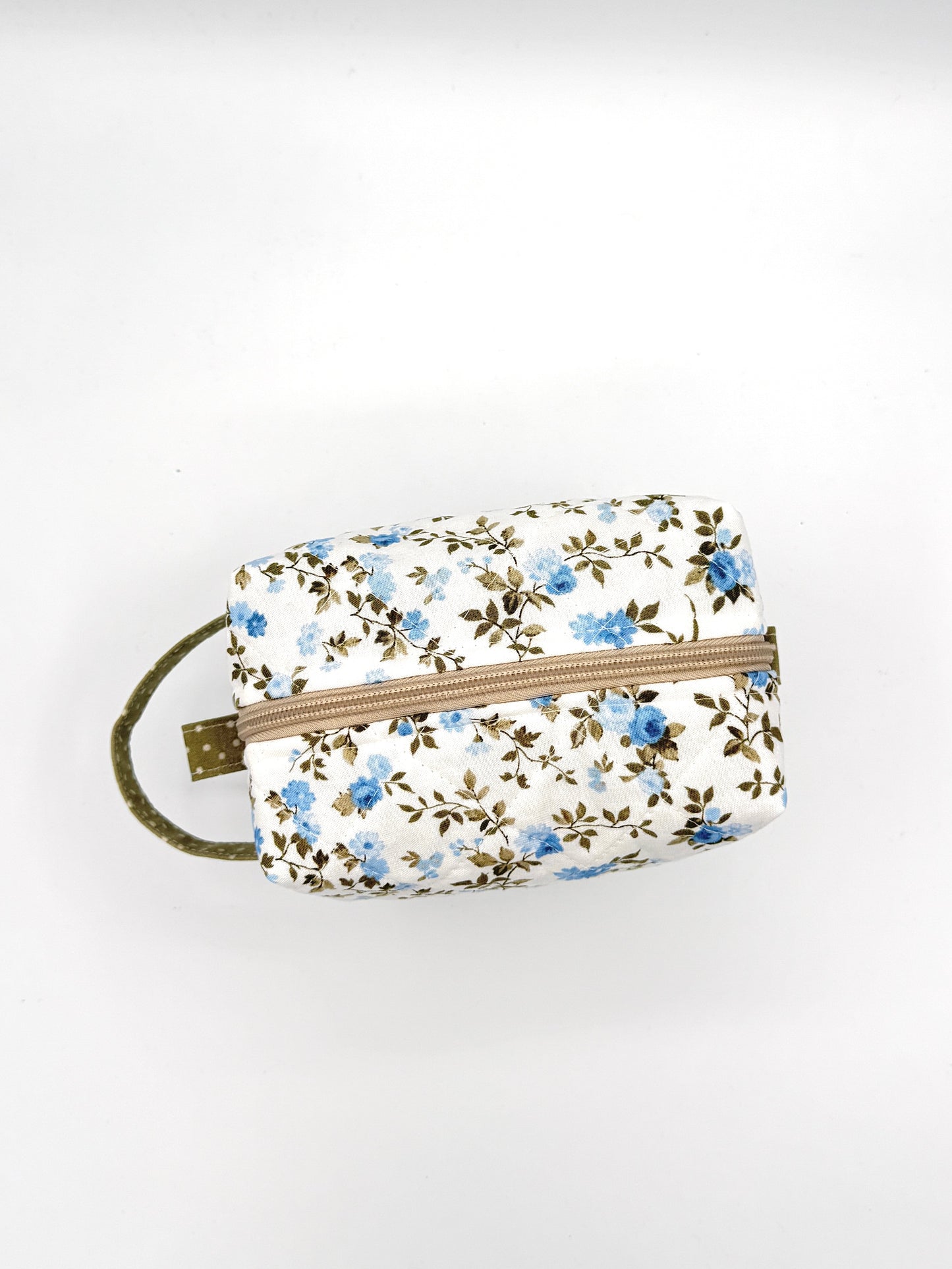 Personalized Dusty Blue & Green Floral Ruffle Boxy Bag | Embroidered Makeup Bag | Custom Cosmetic Case | Travel Toiletry Bag | Gift for Her