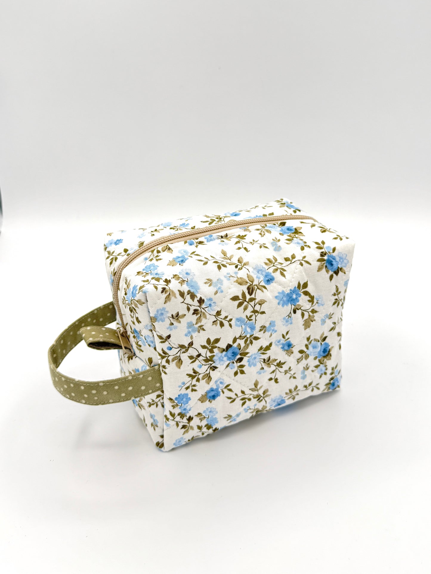 Personalized Dusty Blue & Green Floral Ruffle Boxy Bag | Embroidered Makeup Bag | Custom Cosmetic Case | Travel Toiletry Bag | Gift for Her