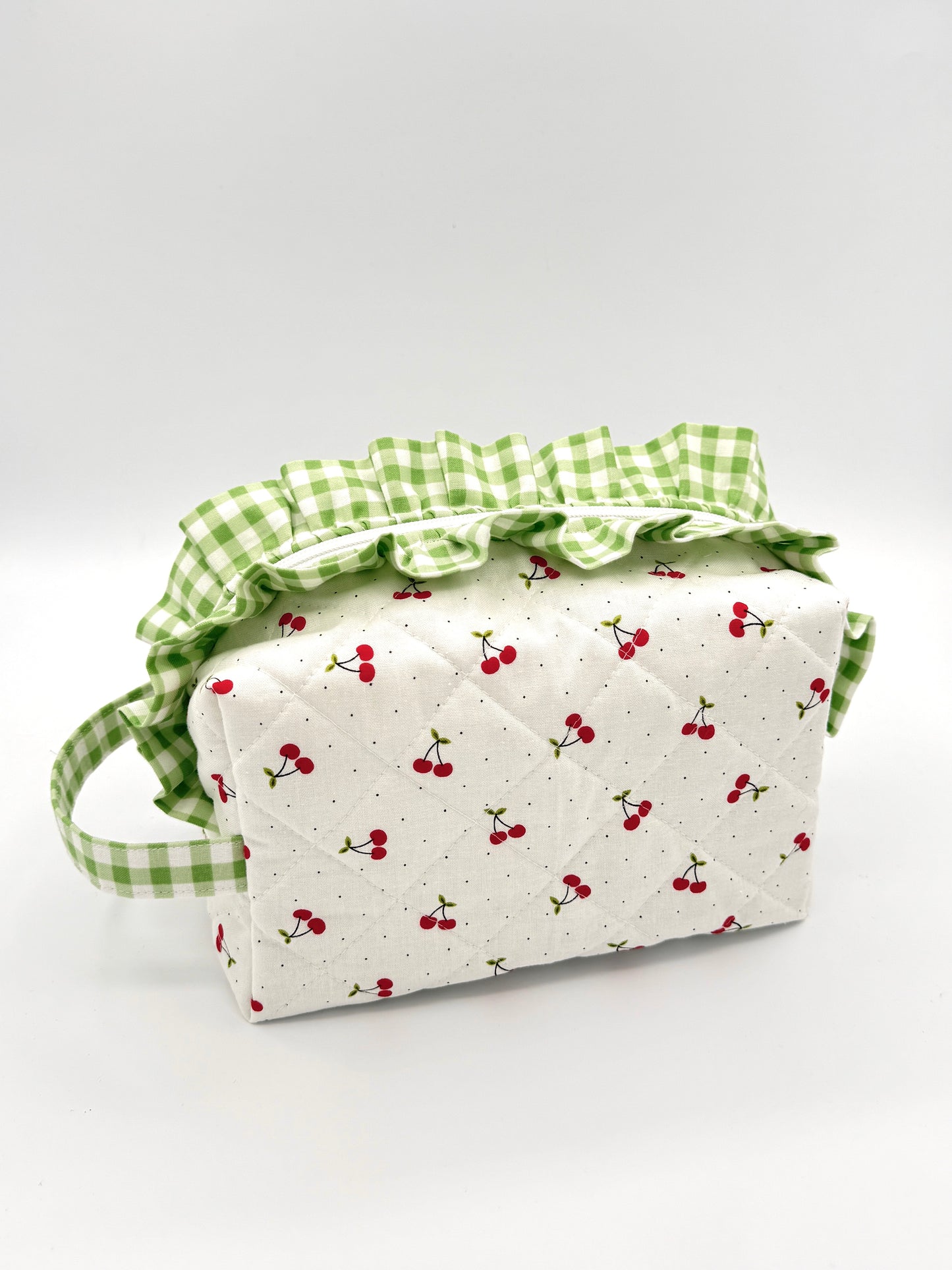 Personalized Cherry Ruffle Boxy Bag | Embroidered Makeup Bag | Custom Cosmetic Case | Travel Toiletry Bag | Gift for Her