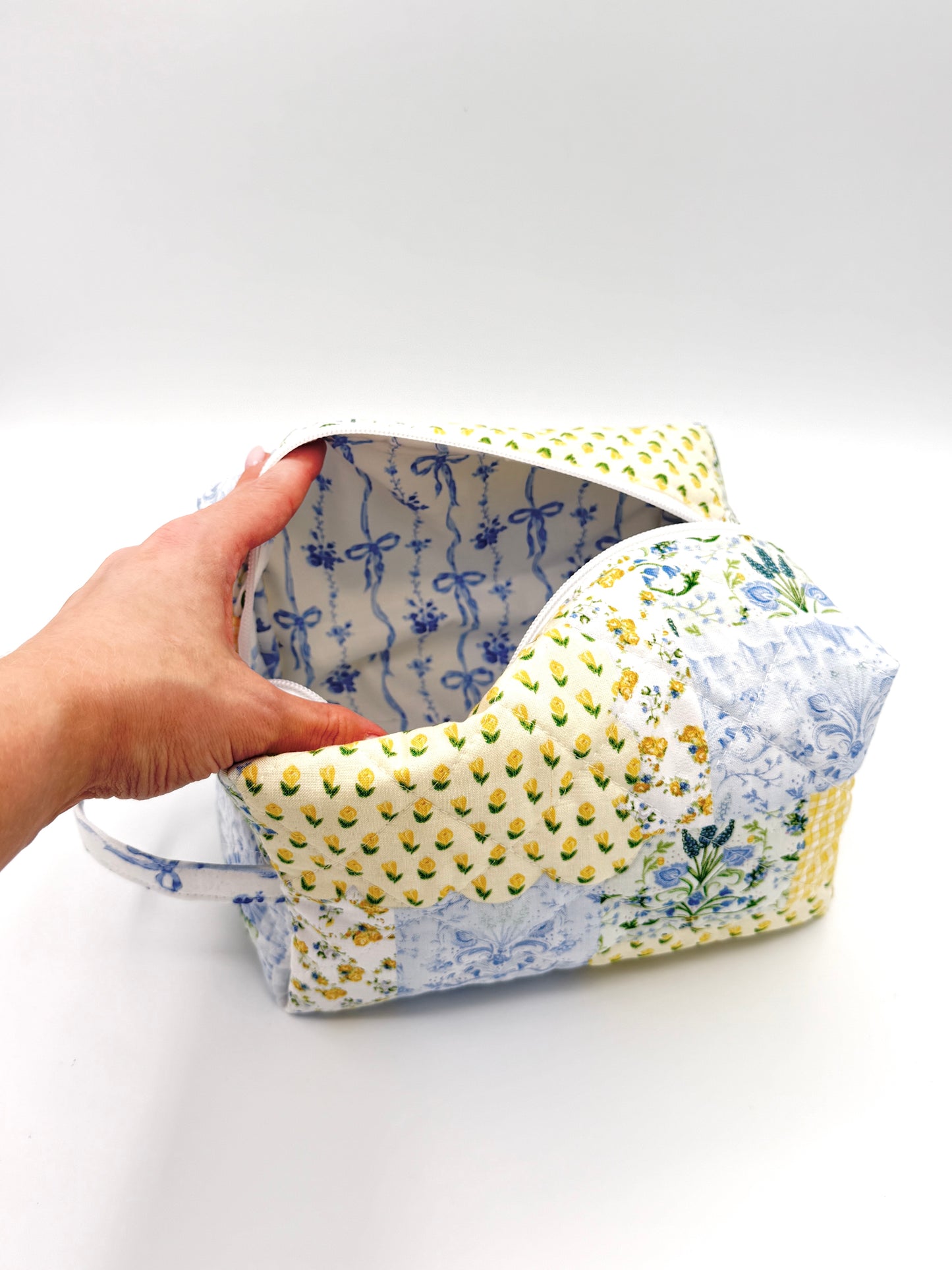Personalized Patchwork Bow Quilted Boxy Bag | Embroidered Cosmetic Bag