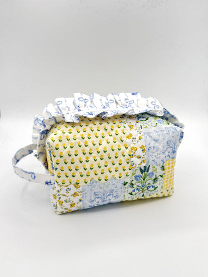 Personalized Patchwork Bow Quilted Boxy Bag | Embroidered Cosmetic Bag