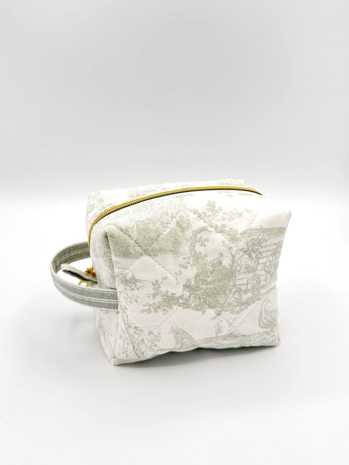 Personalized Green Toile Quilted Boxy Bag | Embroidered Cosmetic Bag