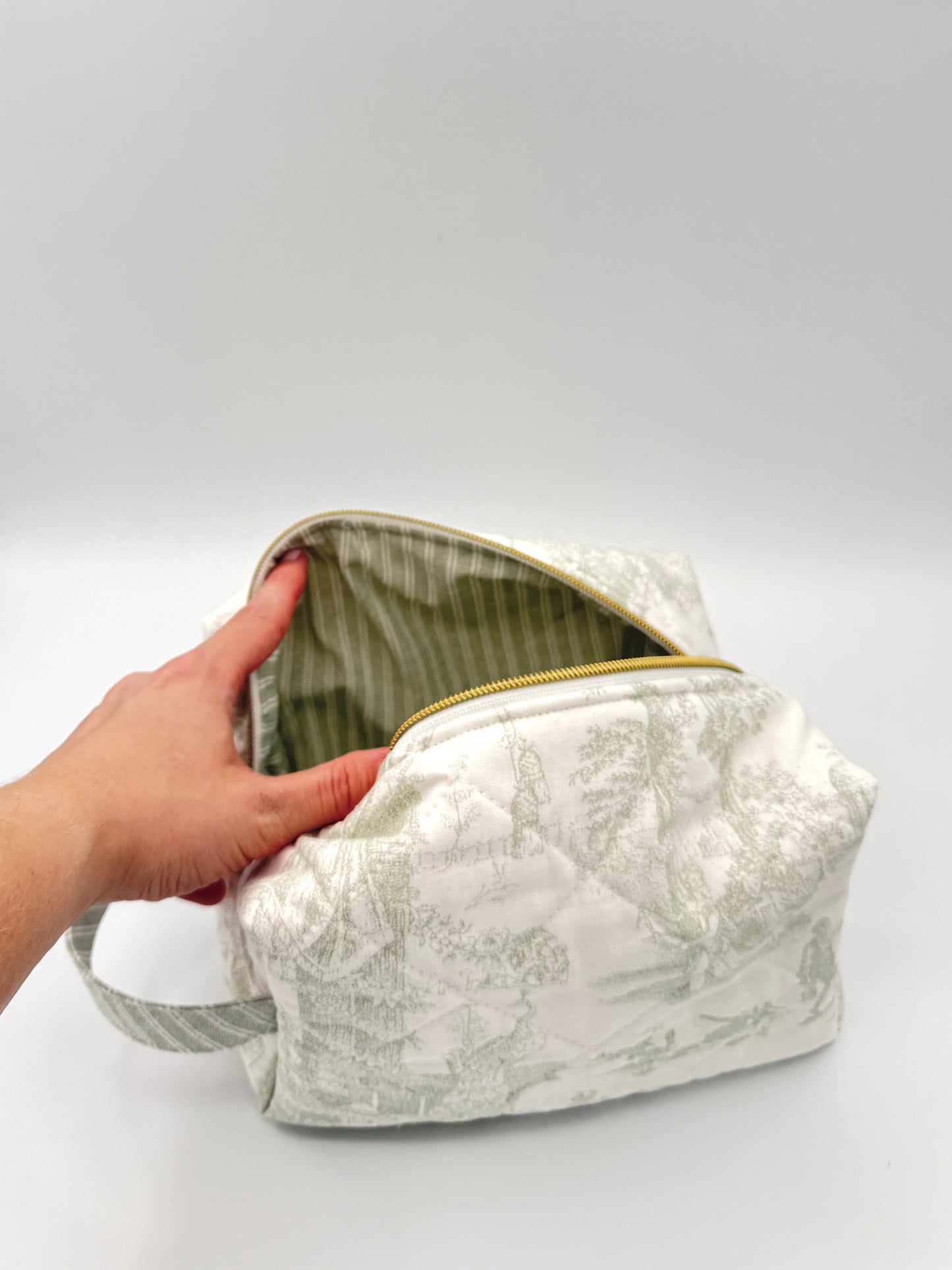 Personalized Green Toile Quilted Boxy Bag | Embroidered Cosmetic Bag