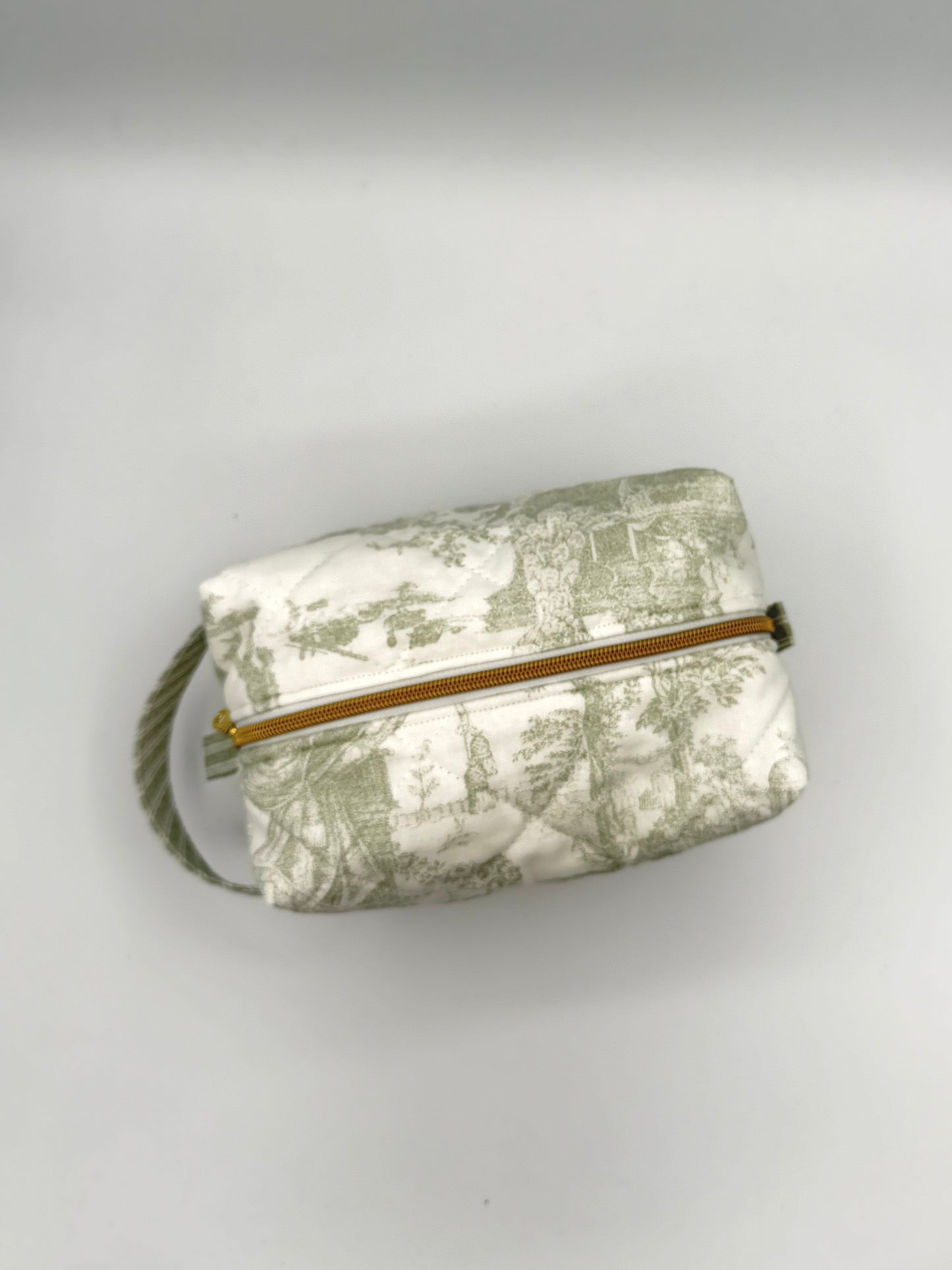 Personalized Green Toile Quilted Boxy Bag | Embroidered Cosmetic Bag