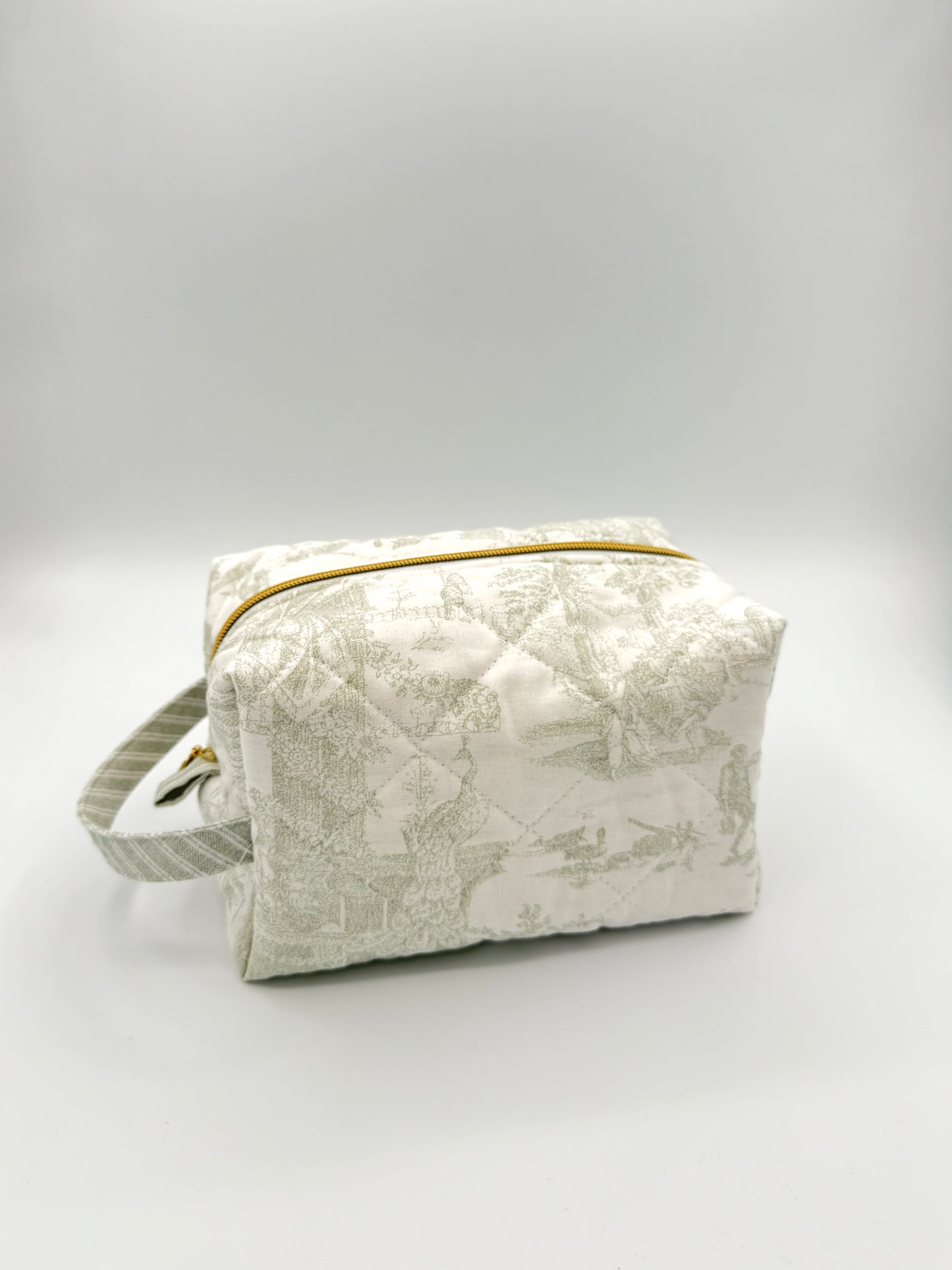 Personalized Green Toile Quilted Boxy Bag | Embroidered Cosmetic Bag