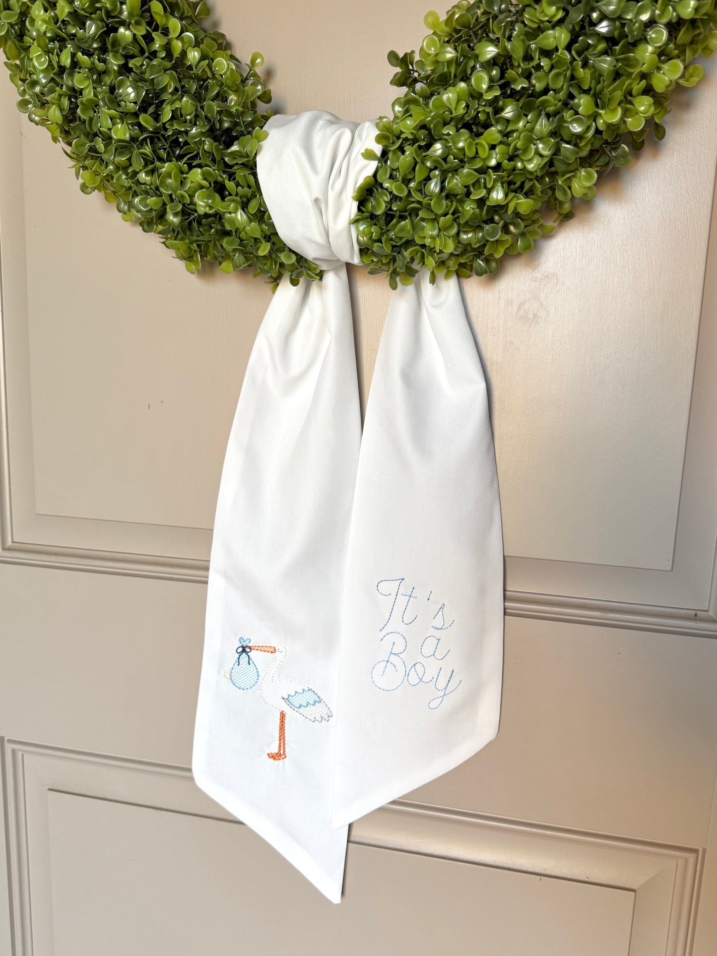 It’s a Boy Wreath Sash | Embroidered Baby Boy Announcement Wreath Sash with Stork