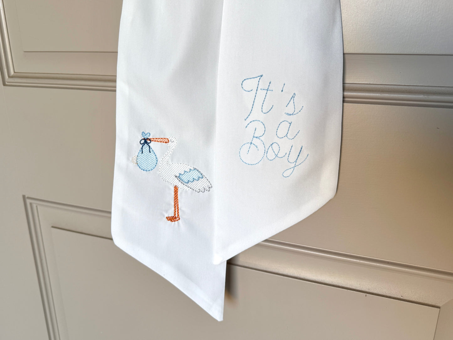 It’s a Boy Wreath Sash | Embroidered Baby Boy Announcement Wreath Sash with Stork