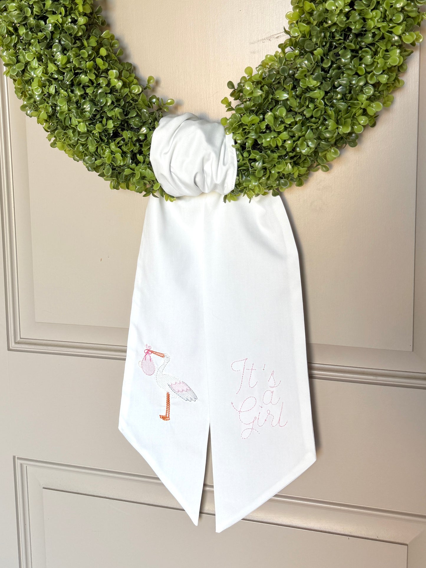 It’s a Girl Wreath Sash | Embroidered Baby Girl Announcement Wreath Sash with Stork