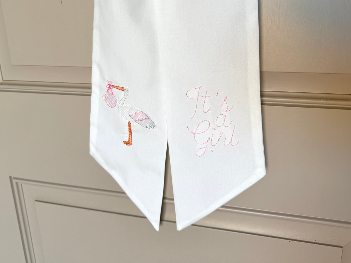 It’s a Girl Wreath Sash | Embroidered Baby Girl Announcement Wreath Sash with Stork