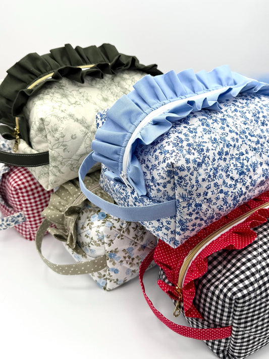 Personalized Quilted Makeup Bag, Handmade Ruffle Cosmetic Pouch, Travel Toiletry Bag, Monogram Makeup Bag, Zipper Bag, Boxy Bag