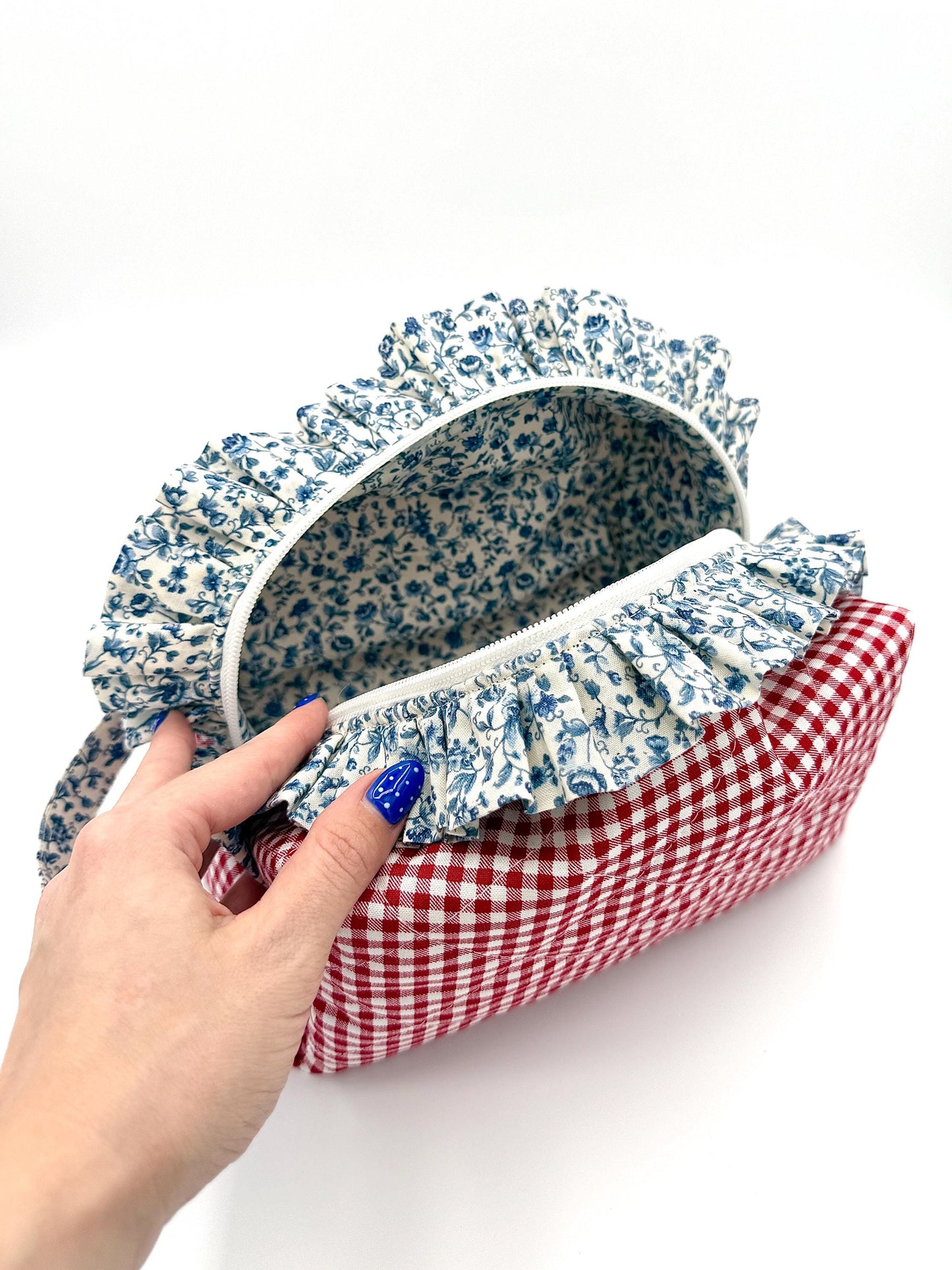 Personalized Quilted Makeup Bag, Handmade Ruffle Cosmetic Pouch, Travel Toiletry Bag, Monogram Makeup Bag, Zipper Bag, Boxy Bag