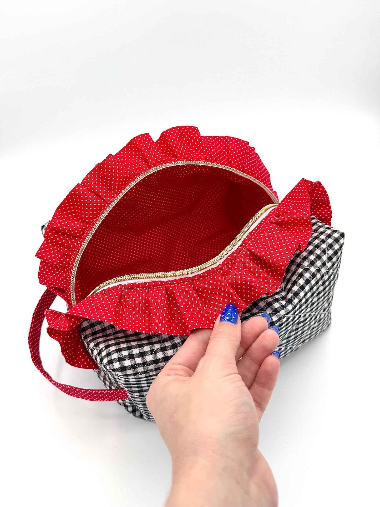 Personalized Quilted Makeup Bag, Handmade Ruffle Cosmetic Pouch, Travel Toiletry Bag, Monogram Makeup Bag, Zipper Bag, Boxy Bag