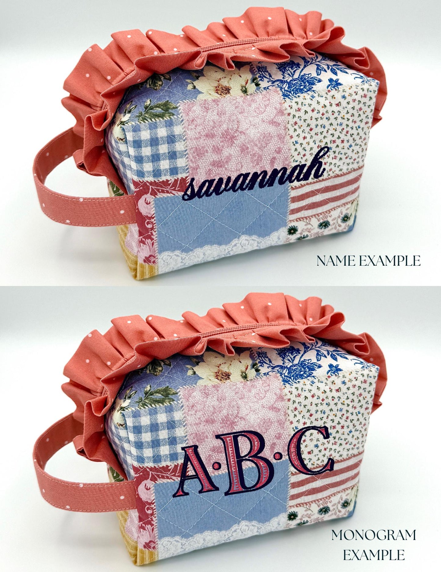 Personalized Quilted Makeup Bag, Handmade Ruffle Cosmetic Pouch, Travel Toiletry Bag, Monogram Makeup Bag, Zipper Bag, Boxy Bag