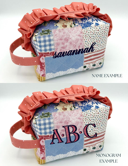 Personalized Quilted Makeup Bag, Handmade Ruffle Cosmetic Pouch, Travel Toiletry Bag, Monogram Makeup Bag, Zipper Bag, Boxy Bag