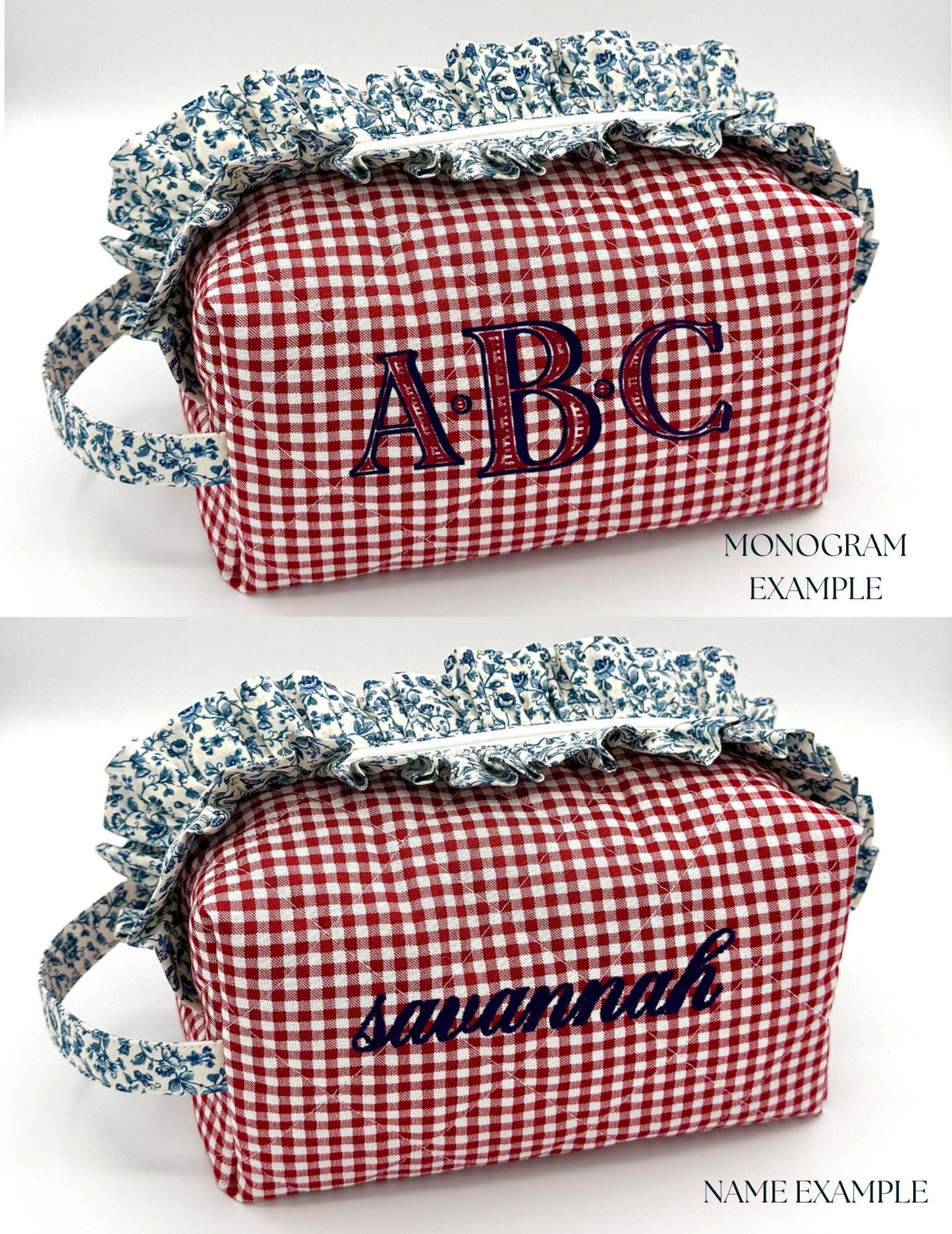 Personalized Quilted Makeup Bag, Handmade Ruffle Cosmetic Pouch, Travel Toiletry Bag, Monogram Makeup Bag, Zipper Bag, Boxy Bag